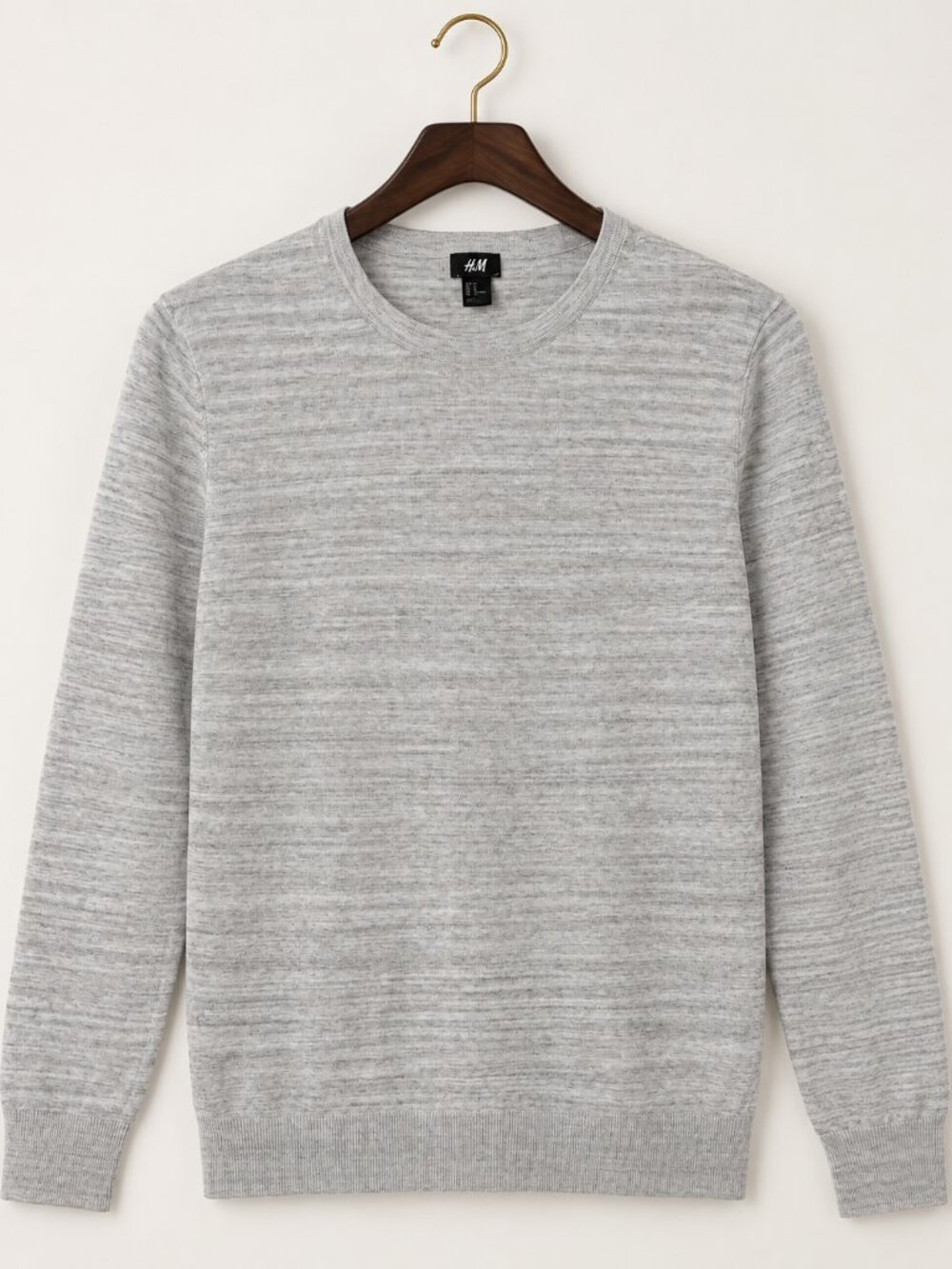 Cotton Men`s M Knit Melange Beige Grey Crewneck Sweater Business Casual Office